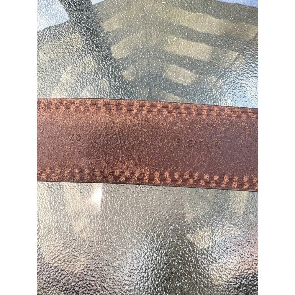 Mens Brown Genuine Leather Double Stitched Belt Size 40 Silver Buckle Distressed